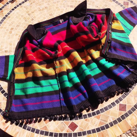 Vintage 80s V-neck Cardigan Ladies -S Pom Pom Fringe Bold Rainbow Striped Cotton - Picture 9 of 12